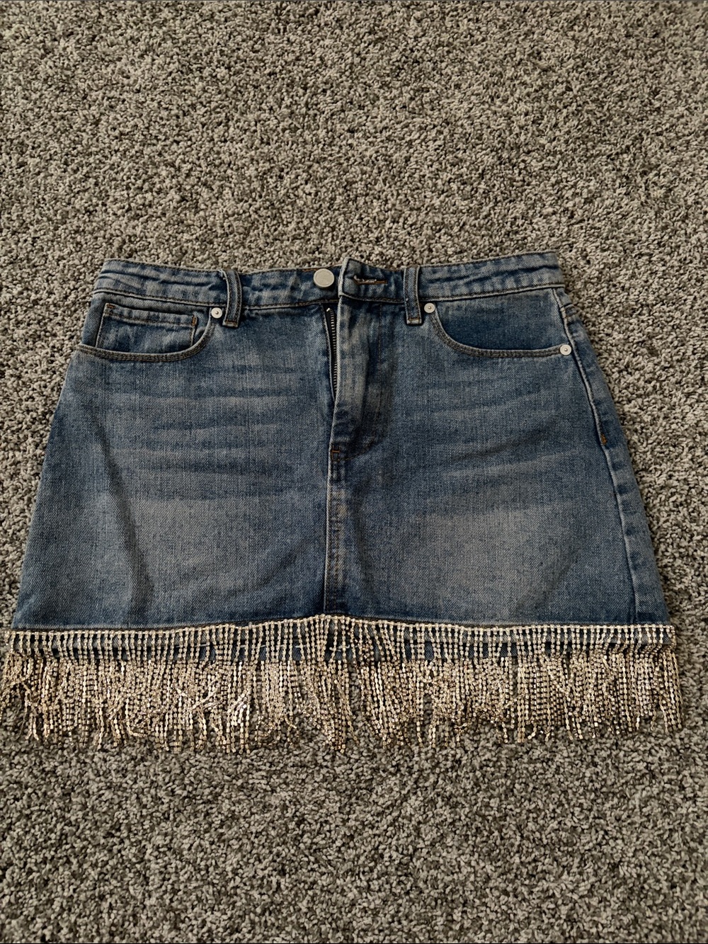 Blank NYC Blue Denim Mini Skirt with Beaded Fringe